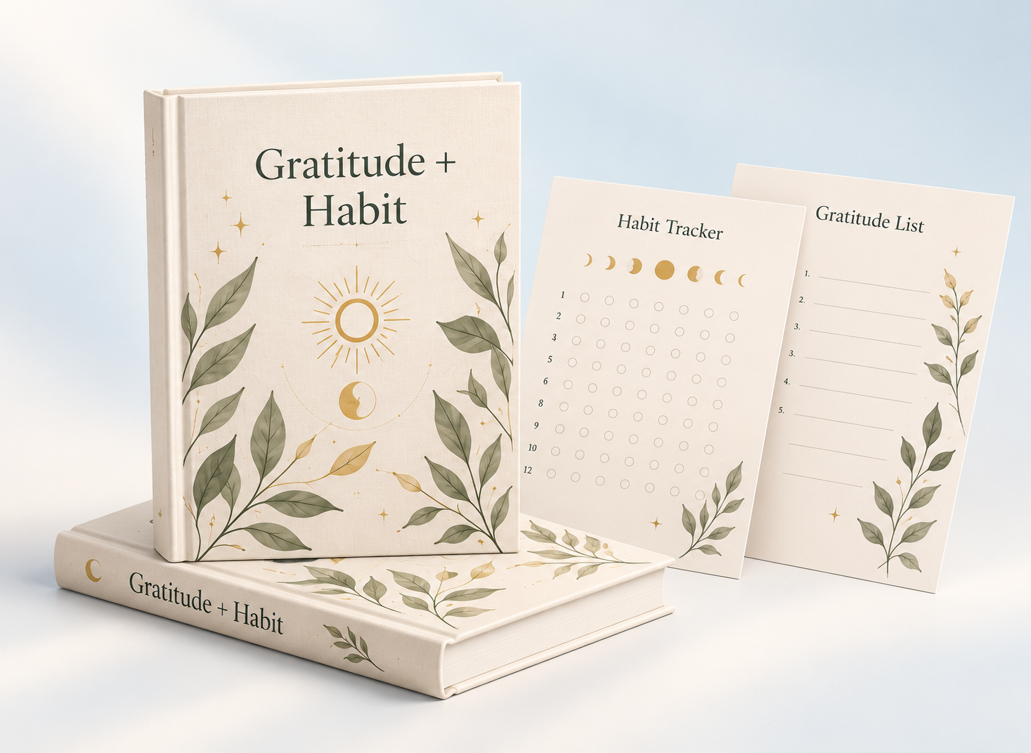 Gratitude and Habit journal product mockup with tracker pages