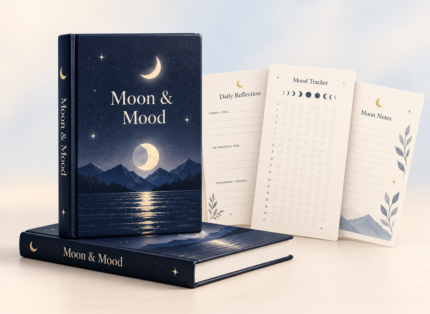 Moon and Mood journal product mockup with interior pages