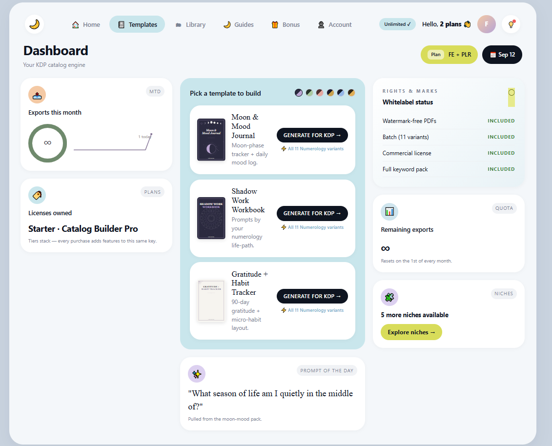 Moonmill Dashboard with template builder, licenses and export status